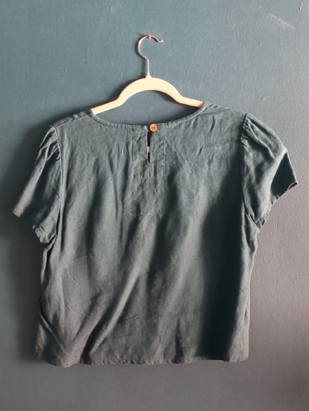 notPERFECTLINEN 100% Linen Cap Sleeve Ruffle Yoke Blouse - Teal Green - Picture 8 of 8